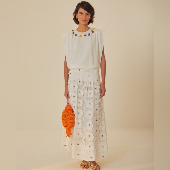 White Daisy 3d Flower Embroidered Maxi Skirt - Picture 1 of 10